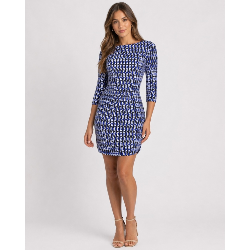 Boden Kelly Shift Dress Blue Geometric Career Office Preppy Womens UK 8 US 4